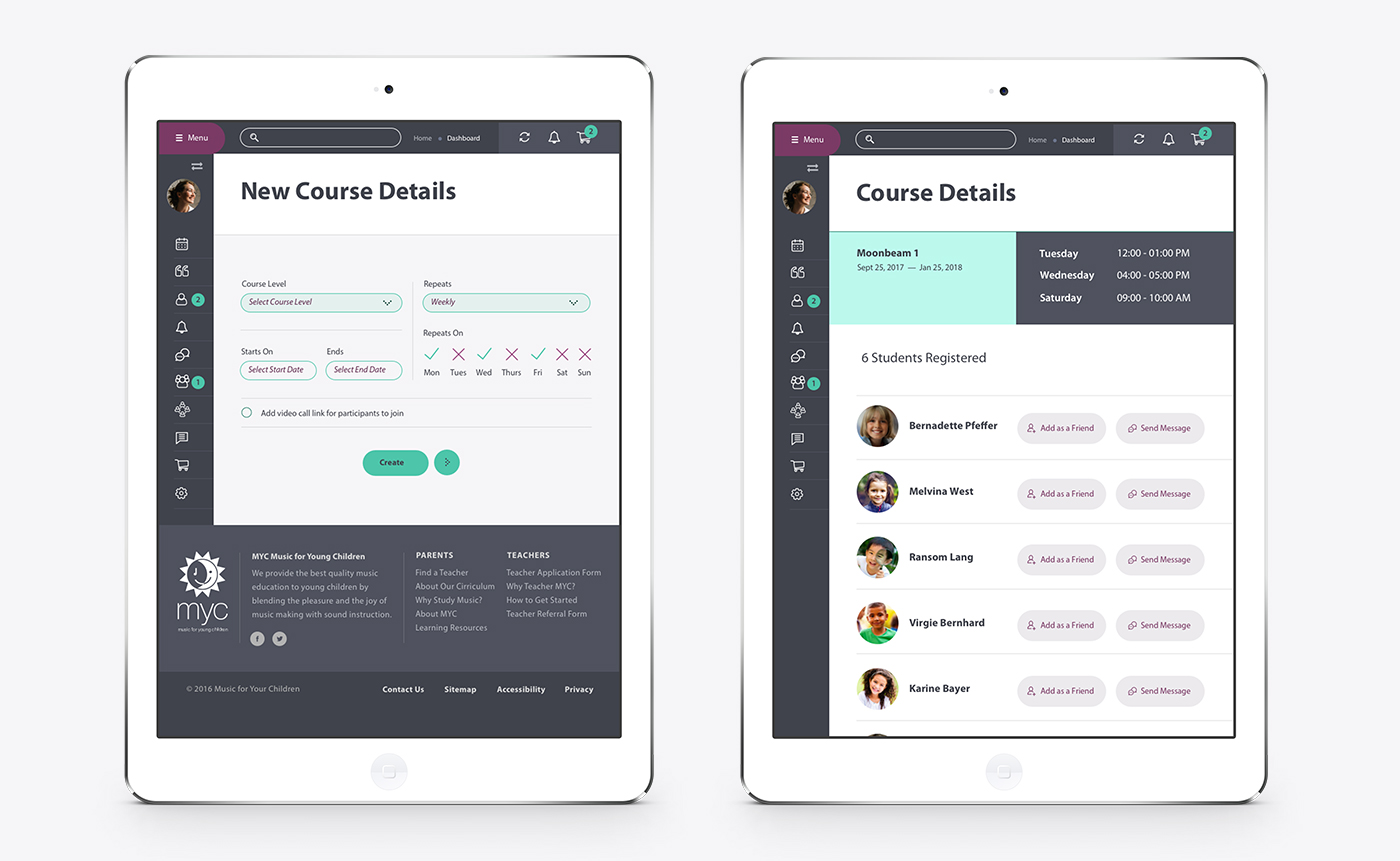MYC Teacher's portal screens for creating and reviewing courses