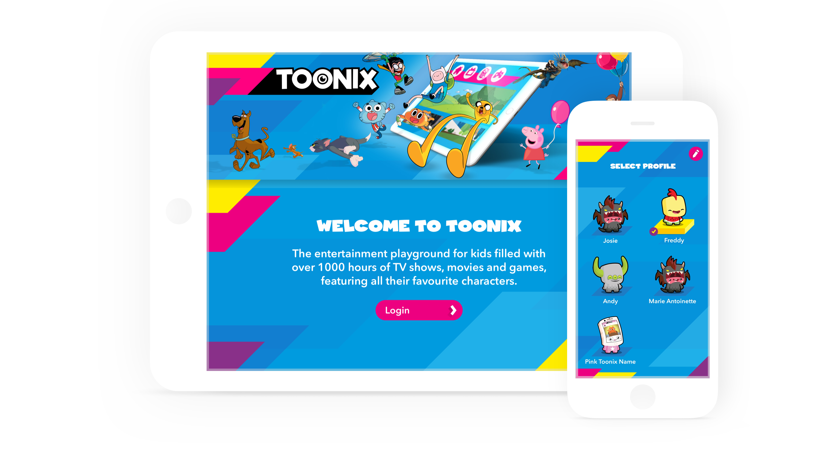 iPad and iPhone with Toonix welcome screen