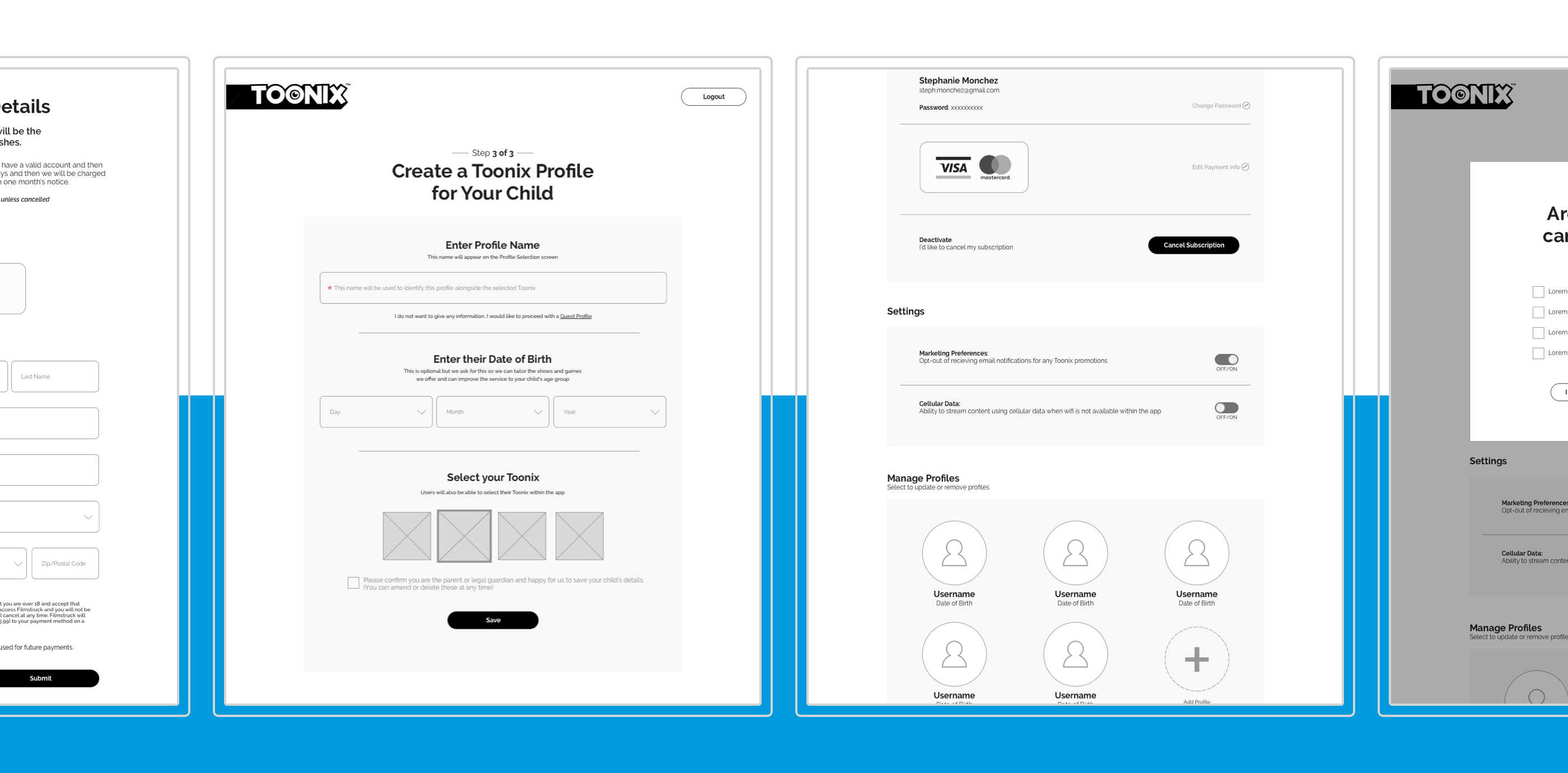 Four wireframe screens from the website