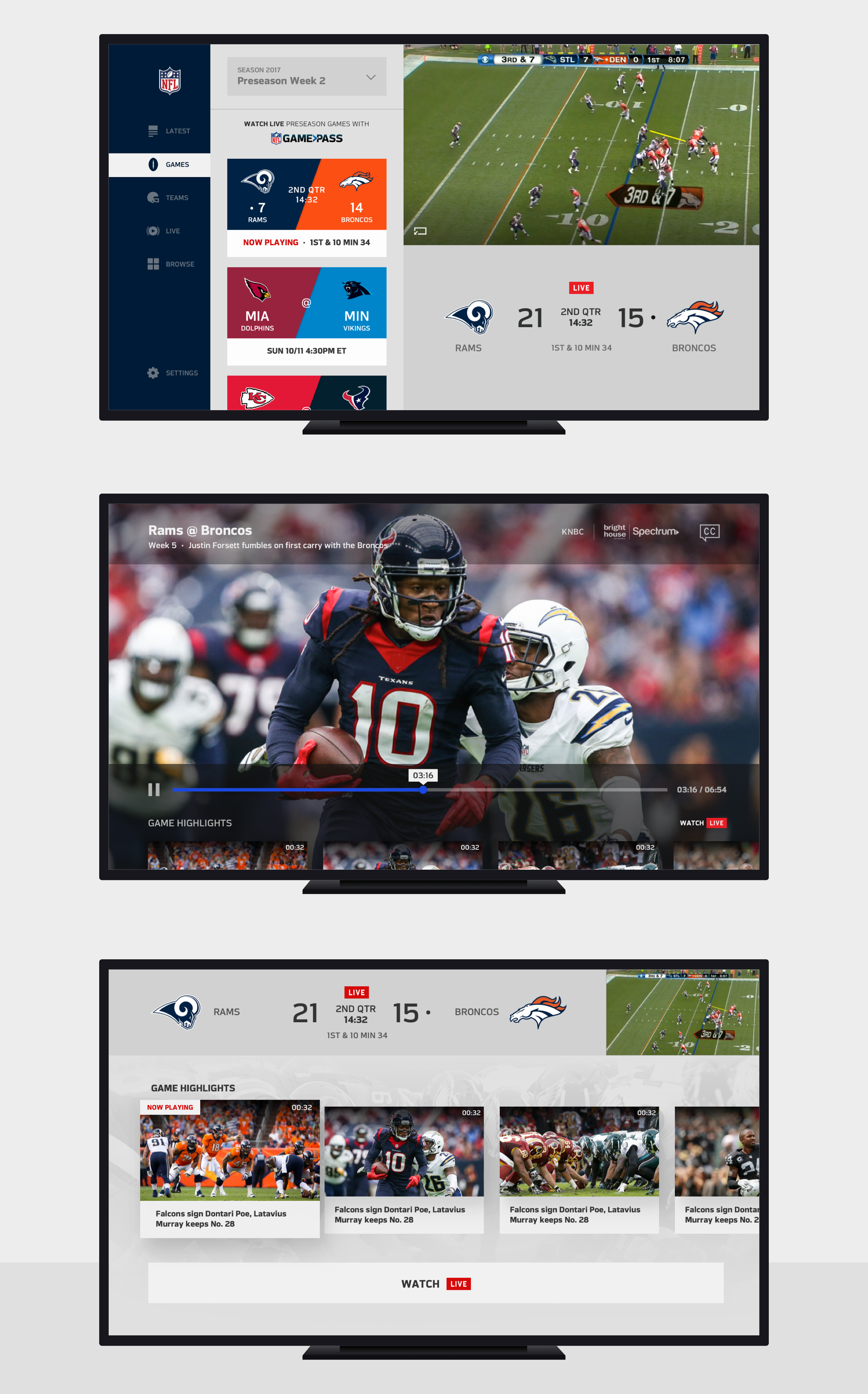 TV user interface for the Sports App menu screen, player and deep dive